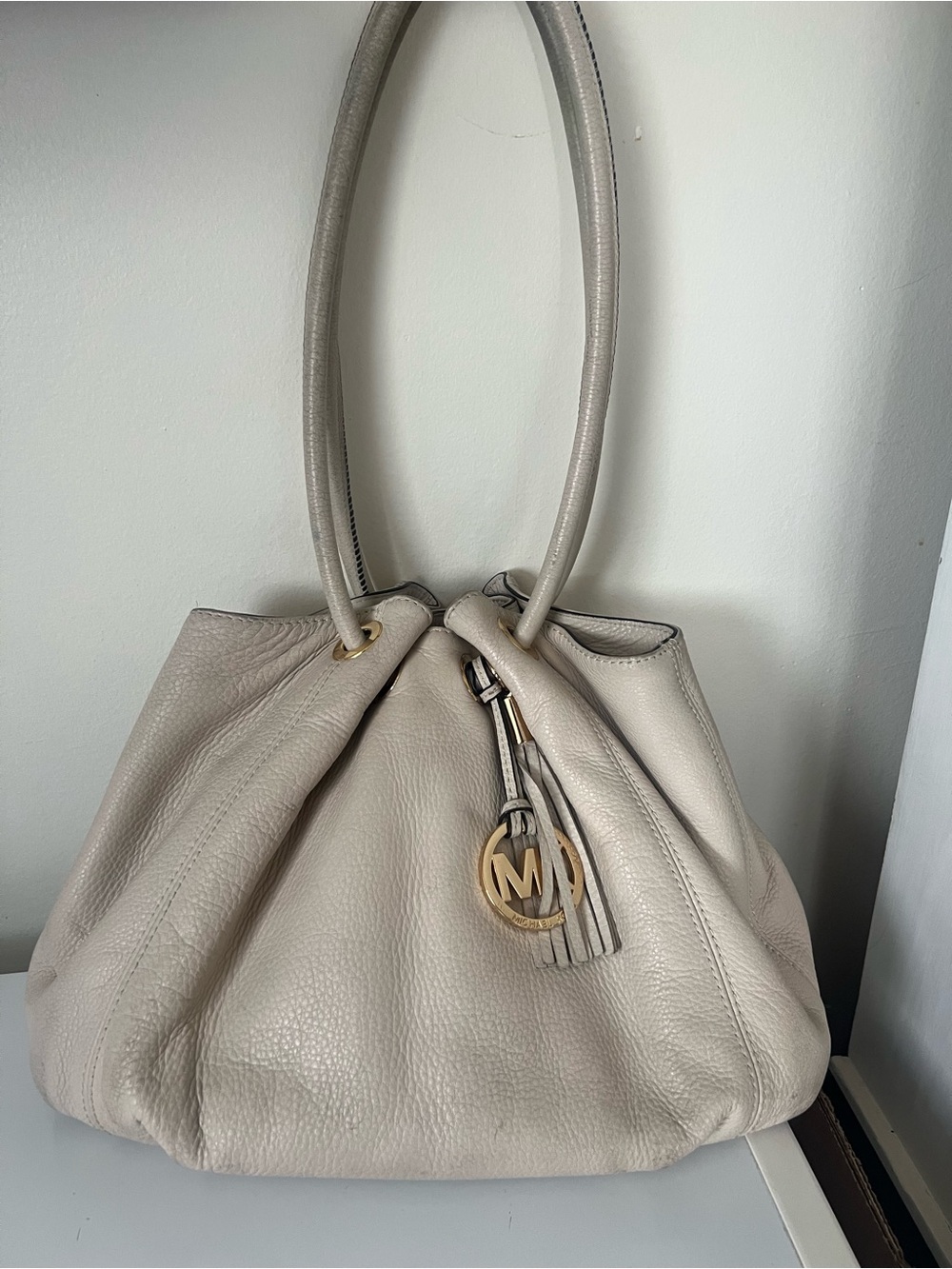 Michael Kors Cream Pebbled Leather Shoulder Bag with MK Charm